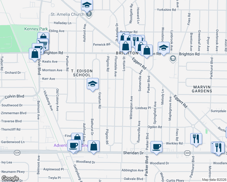 map of restaurants, bars, coffee shops, grocery stores, and more near 234 Floradale Avenue in Tonawanda