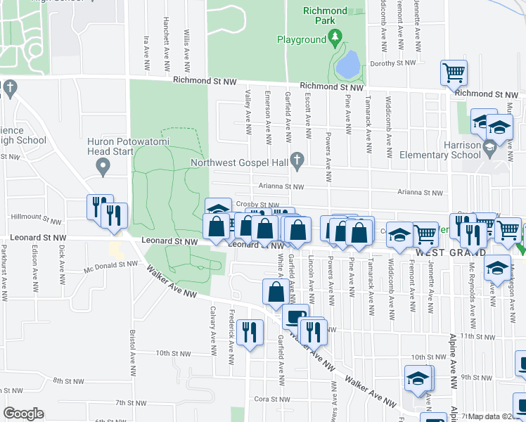map of restaurants, bars, coffee shops, grocery stores, and more near 1240 Crosby Street Northwest in Grand Rapids