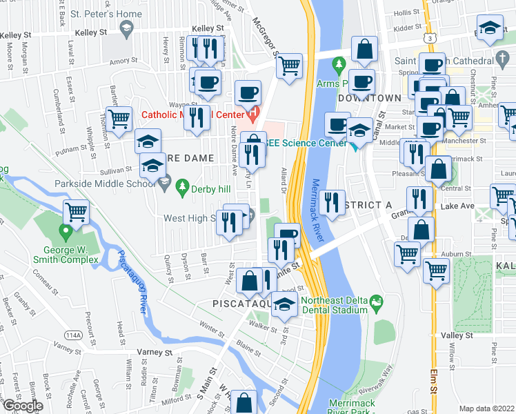 map of restaurants, bars, coffee shops, grocery stores, and more near 223 Main Street in Manchester