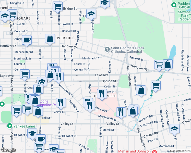 map of restaurants, bars, coffee shops, grocery stores, and more near 591 Lake Avenue in Manchester