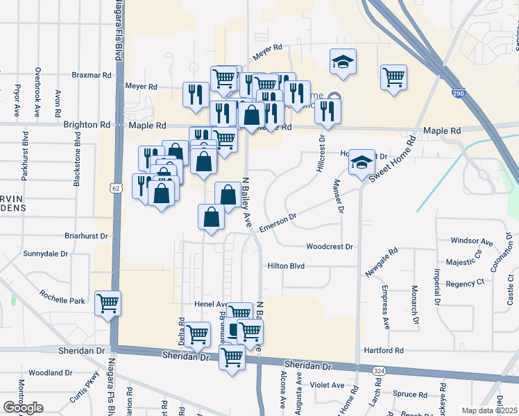 map of restaurants, bars, coffee shops, grocery stores, and more near 4843 North Bailey Avenue in Buffalo