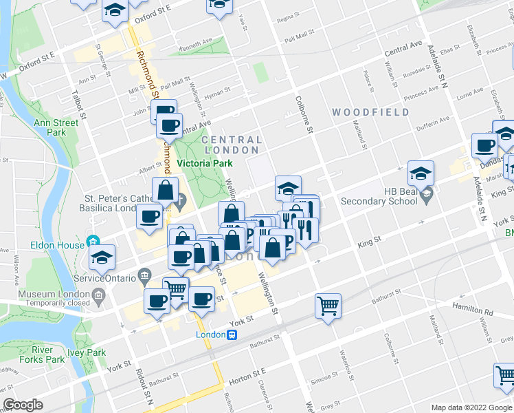 map of restaurants, bars, coffee shops, grocery stores, and more near in London