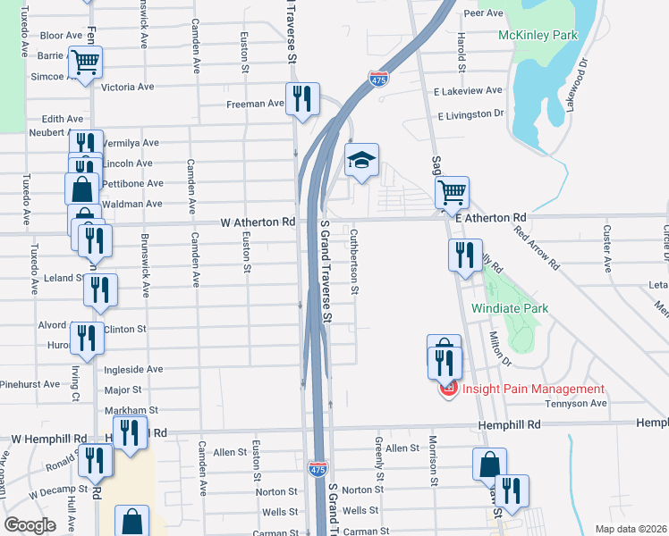 map of restaurants, bars, coffee shops, grocery stores, and more near 517 Leland Street in Flint