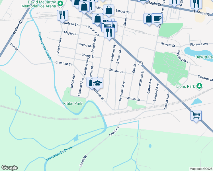 map of restaurants, bars, coffee shops, grocery stores, and more near 126 Hutchins Street in Batavia