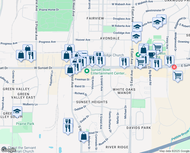 map of restaurants, bars, coffee shops, grocery stores, and more near 1425 Victoria Drive in Waukesha