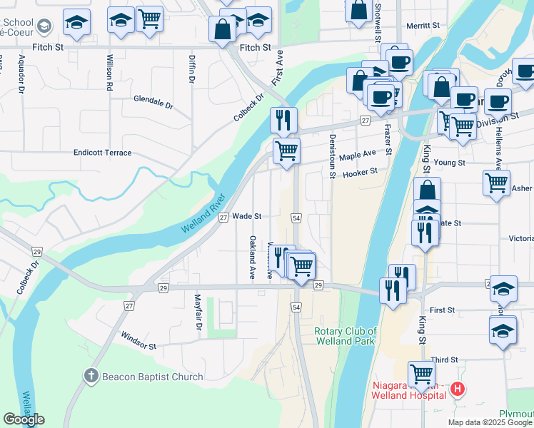 map of restaurants, bars, coffee shops, grocery stores, and more near 67 Wilton Avenue in Welland