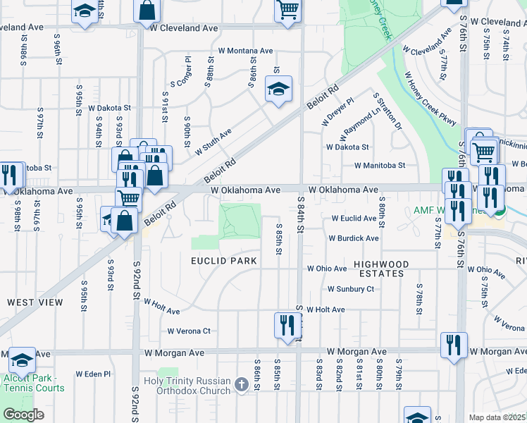 map of restaurants, bars, coffee shops, grocery stores, and more near 8560 West Euclid Avenue in Milwaukee