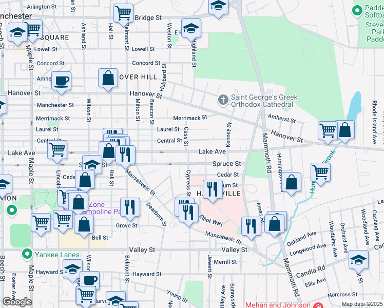 map of restaurants, bars, coffee shops, grocery stores, and more near 591 Lake Avenue in Manchester