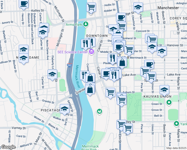 map of restaurants, bars, coffee shops, grocery stores, and more near 25 Newell Street in Manchester
