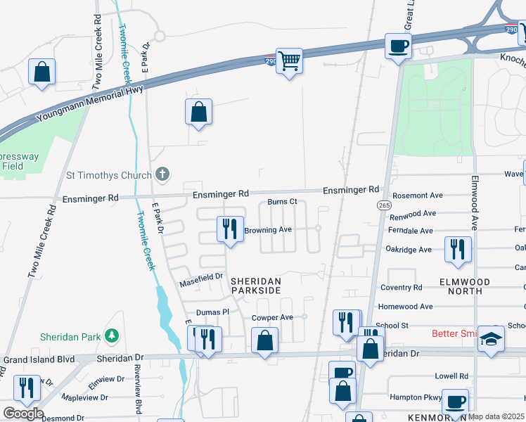 map of restaurants, bars, coffee shops, grocery stores, and more near 57-63 Benefield Place in Tonawanda
