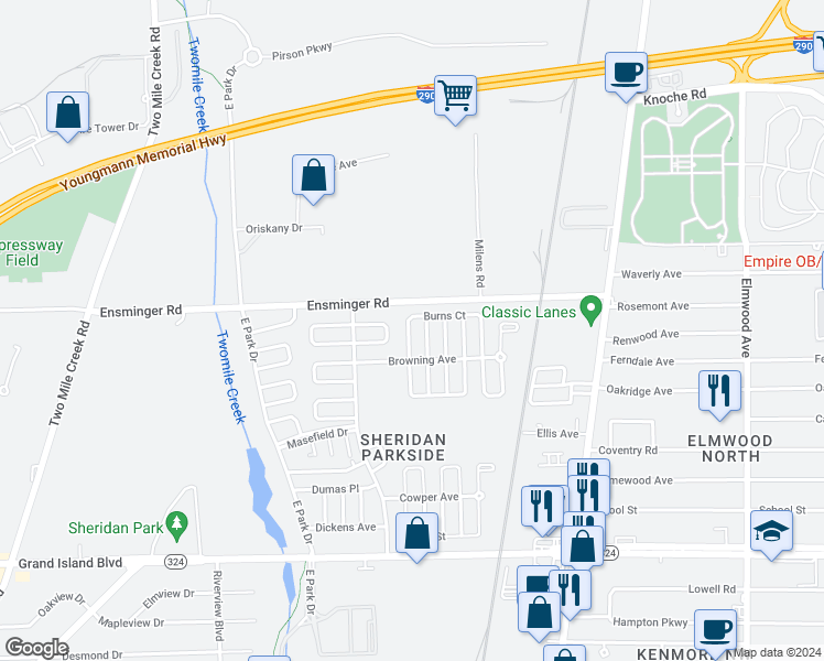 map of restaurants, bars, coffee shops, grocery stores, and more near 57-63 Benefield Place in Tonawanda