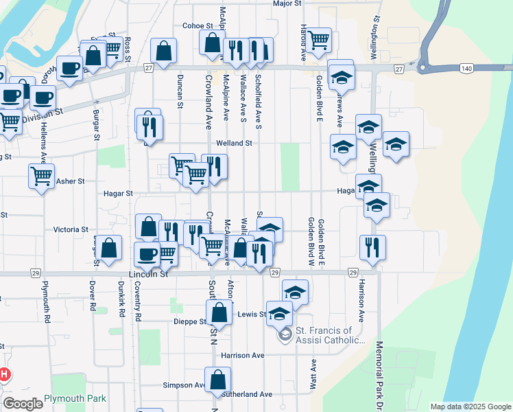 map of restaurants, bars, coffee shops, grocery stores, and more near in Welland