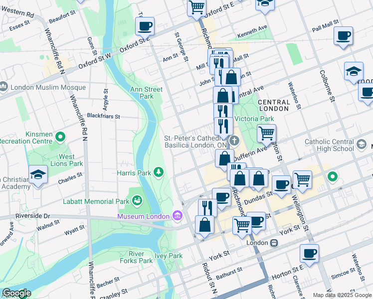 map of restaurants, bars, coffee shops, grocery stores, and more near 84 Kent Street in London