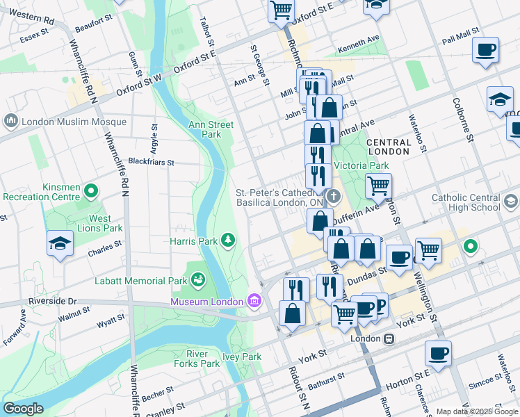 map of restaurants, bars, coffee shops, grocery stores, and more near 84 Kent Street in London
