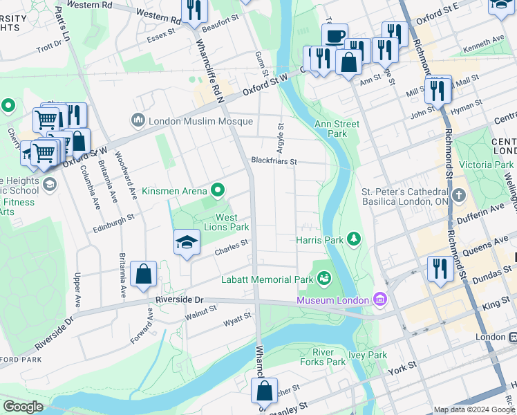 map of restaurants, bars, coffee shops, grocery stores, and more near 129 Wharncliffe Road North in London
