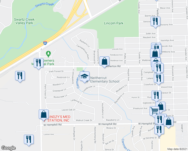 map of restaurants, bars, coffee shops, grocery stores, and more near 3900 Hammerberg Road in Flint