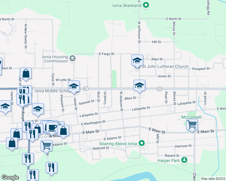 map of restaurants, bars, coffee shops, grocery stores, and more near 48 Lovell Place in Ionia