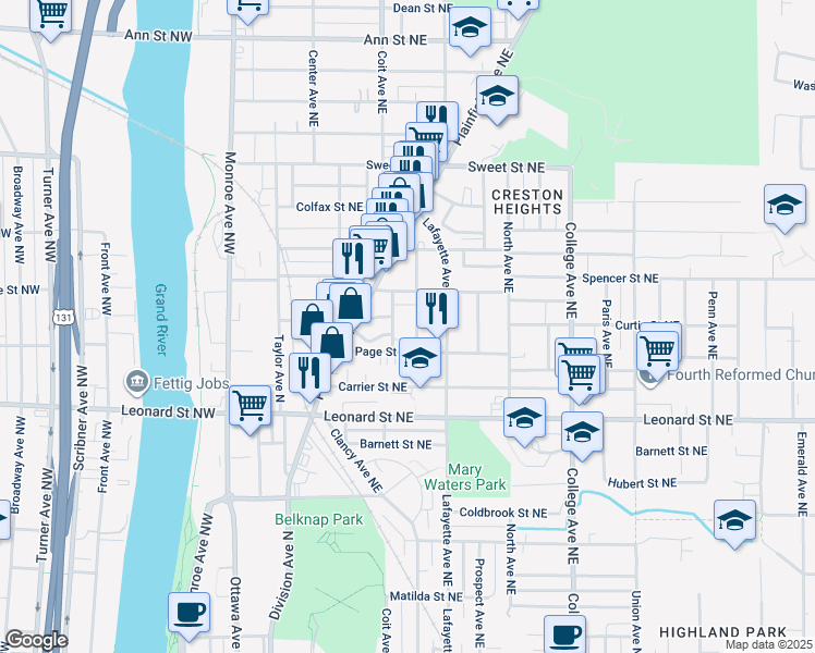 map of restaurants, bars, coffee shops, grocery stores, and more near 1319 Buffalo Avenue Northeast in Grand Rapids