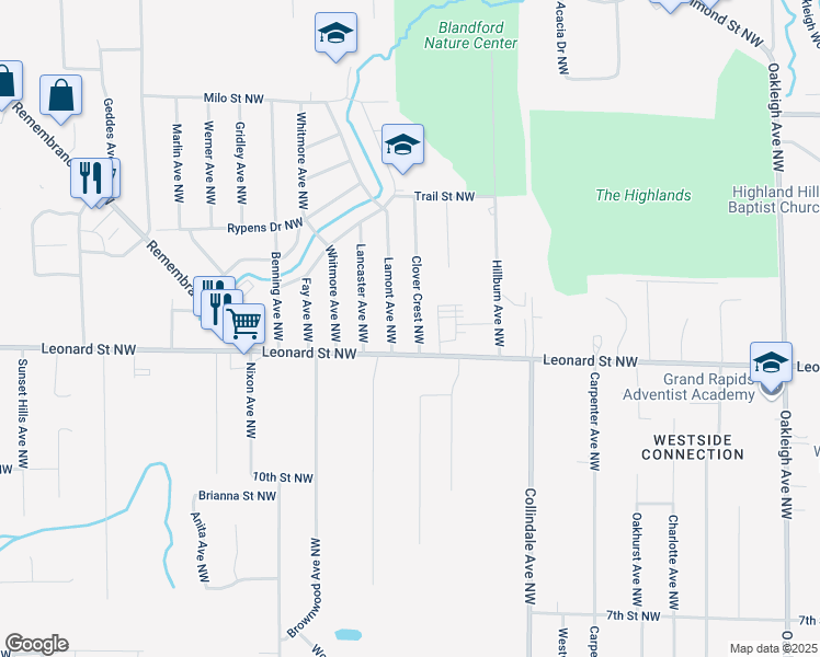 map of restaurants, bars, coffee shops, grocery stores, and more near 1227 Clover Crest Northwest in Grand Rapids