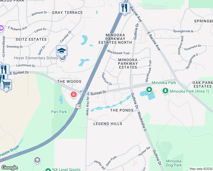 map of restaurants, bars, coffee shops, grocery stores, and more near 1312 Navajo Lane in Waukesha