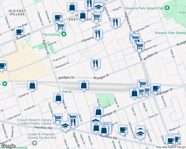 map of restaurants, bars, coffee shops, grocery stores, and more near 1138 Brydges Street in London