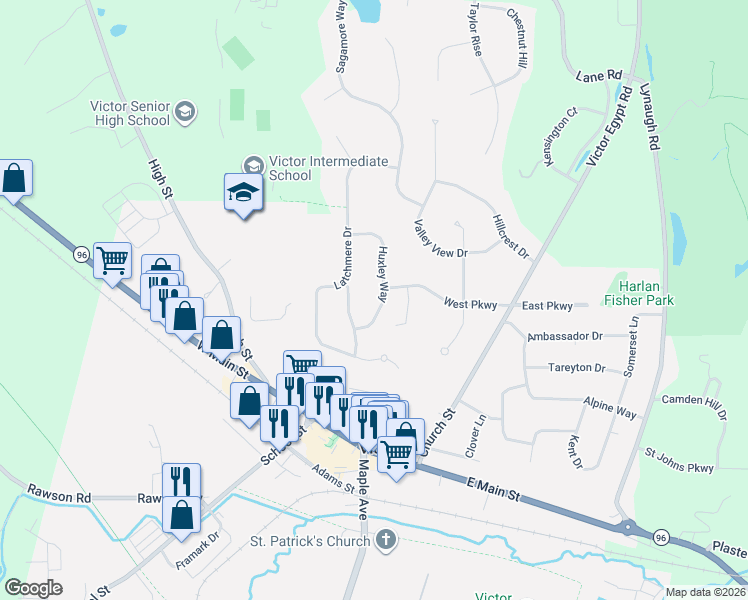 map of restaurants, bars, coffee shops, grocery stores, and more near 172 Huxley Way in Victor