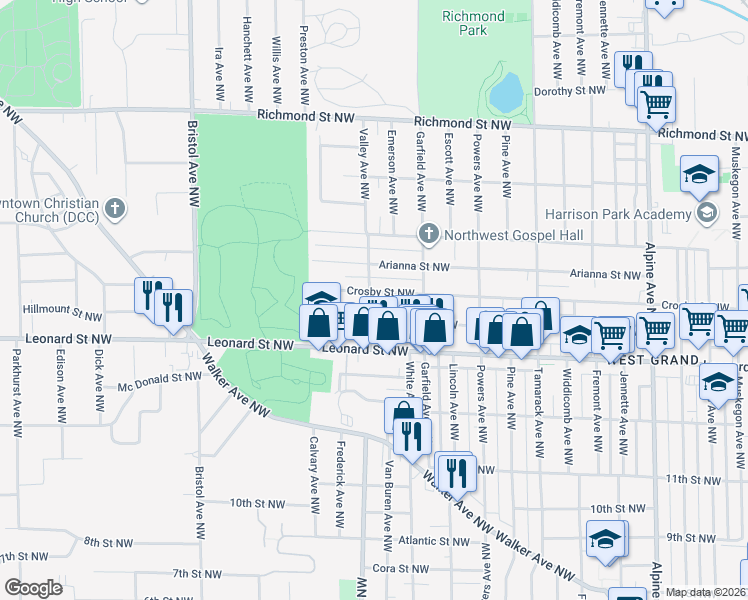map of restaurants, bars, coffee shops, grocery stores, and more near 1240 Crosby Street Northwest in Grand Rapids