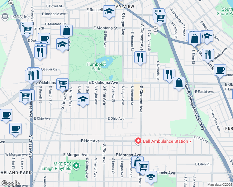 map of restaurants, bars, coffee shops, grocery stores, and more near 3155 South Logan Avenue in Milwaukee