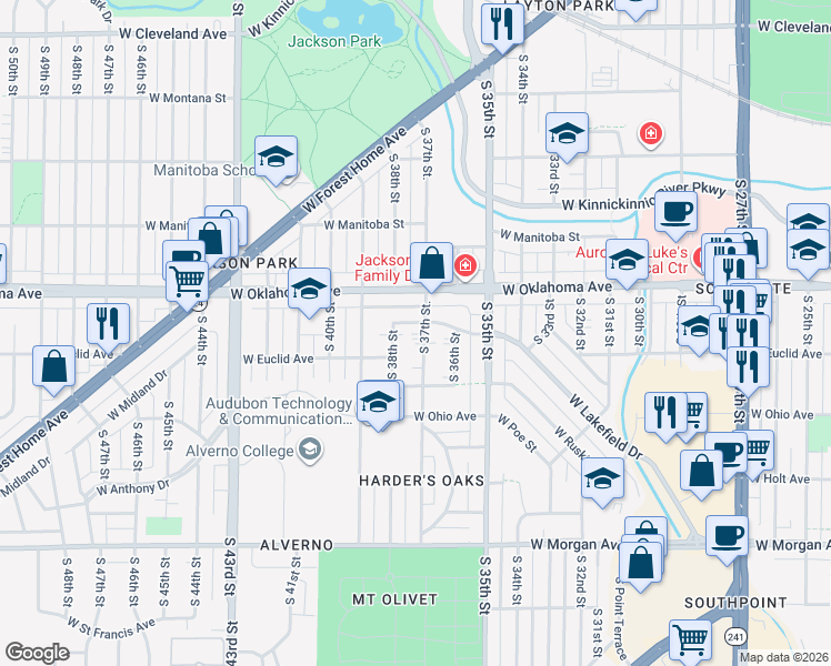 map of restaurants, bars, coffee shops, grocery stores, and more near 3164 South 38th Street in Milwaukee