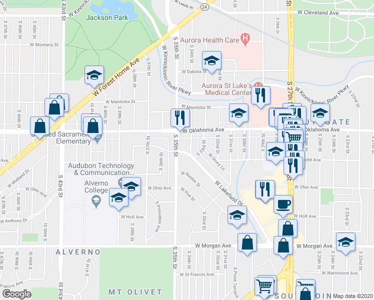 map of restaurants, bars, coffee shops, grocery stores, and more near 3408 West Lakefield Drive in Milwaukee