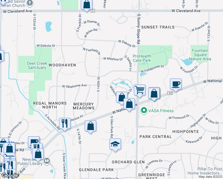map of restaurants, bars, coffee shops, grocery stores, and more near 14285 Waterford Square Drive in New Berlin