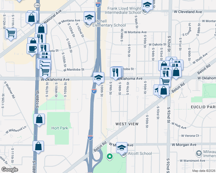 map of restaurants, bars, coffee shops, grocery stores, and more near 3153 South 99th Street in Milwaukee