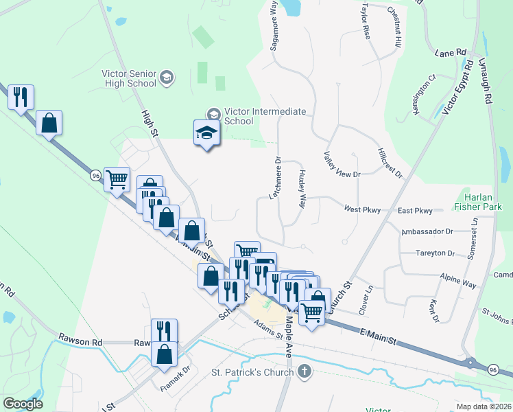map of restaurants, bars, coffee shops, grocery stores, and more near 52 Latchmere Drive in Victor