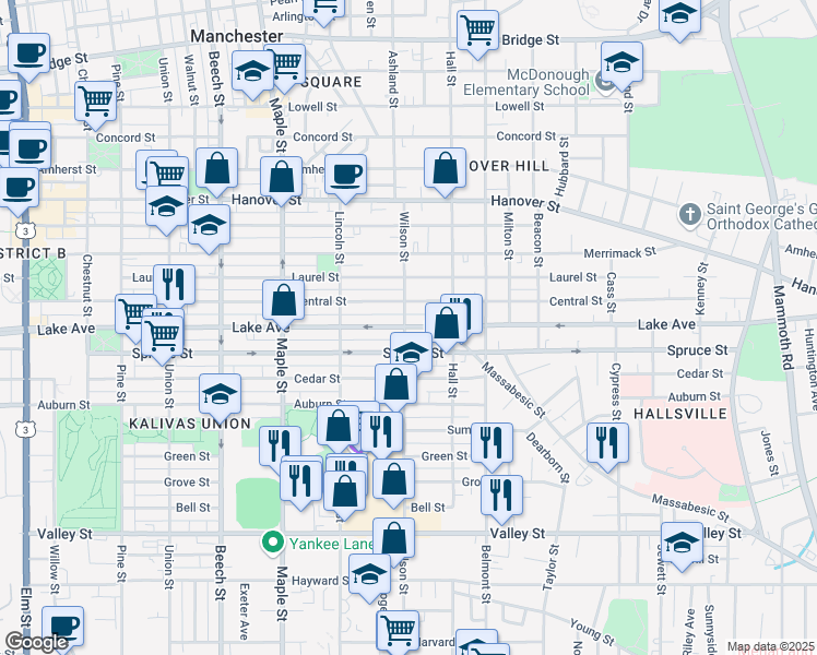 map of restaurants, bars, coffee shops, grocery stores, and more near 403 Lake Avenue in Manchester