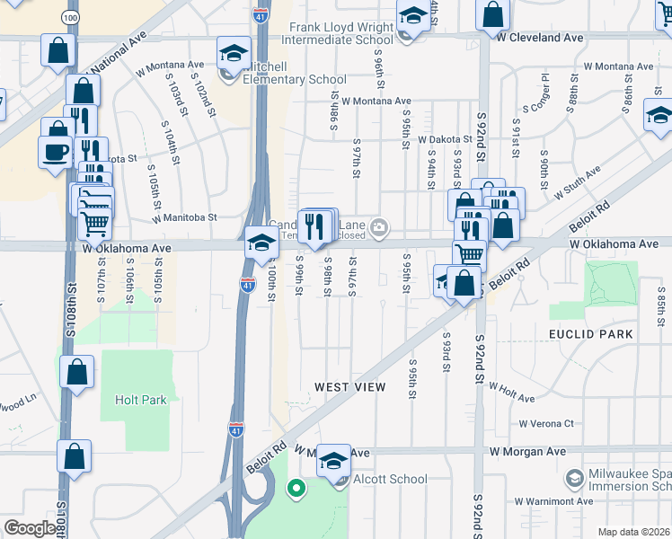 map of restaurants, bars, coffee shops, grocery stores, and more near 3147 South 98th Street in Milwaukee