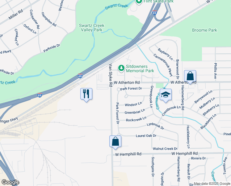 map of restaurants, bars, coffee shops, grocery stores, and more near 3848 Park Forest Drive in Flint