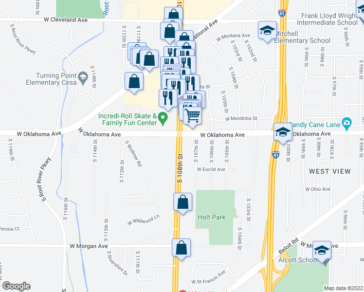 map of restaurants, bars, coffee shops, grocery stores, and more near 3130 South 108th Street in West Allis