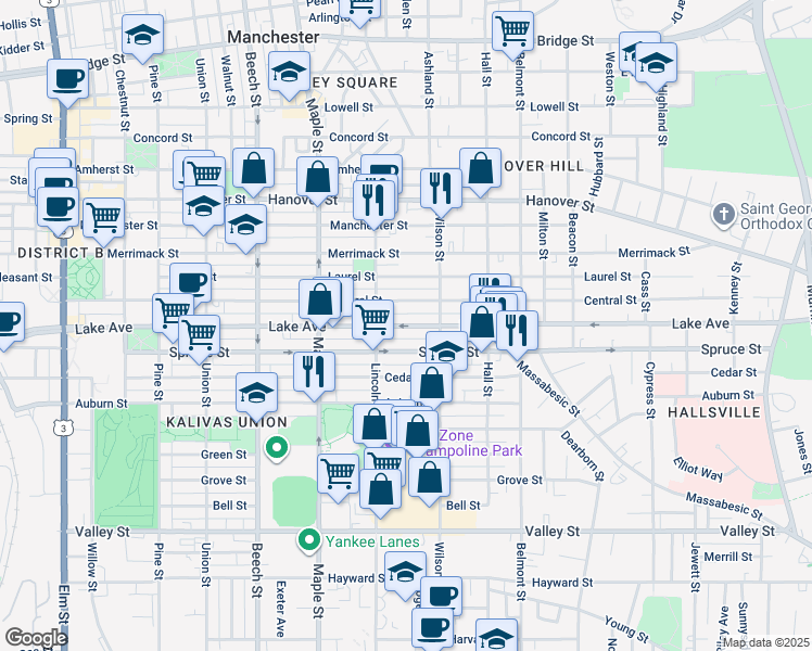 map of restaurants, bars, coffee shops, grocery stores, and more near 373 Lake Avenue in Manchester