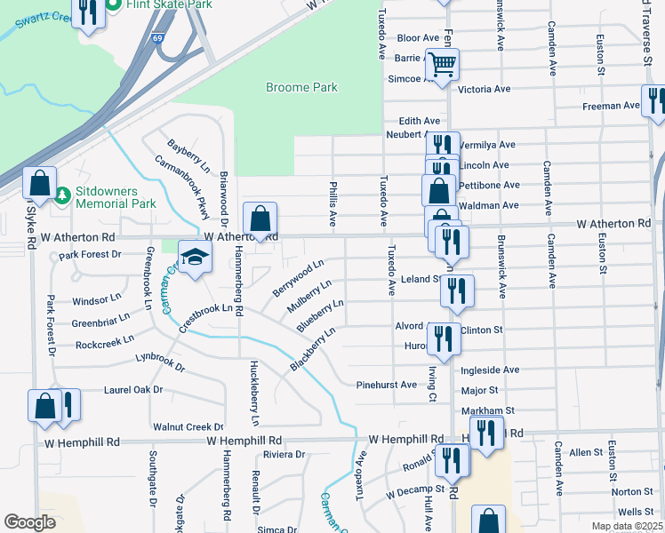 map of restaurants, bars, coffee shops, grocery stores, and more near 1406 Mulberry Lane in Flint
