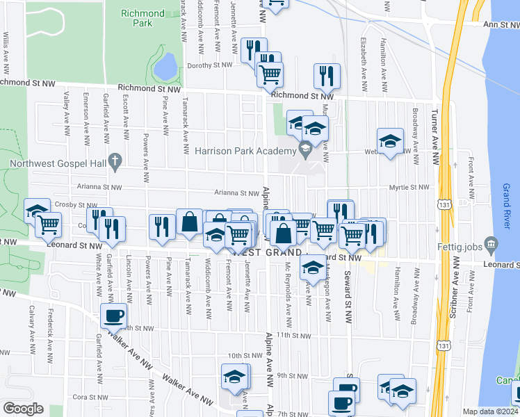 map of restaurants, bars, coffee shops, grocery stores, and more near 809 Crosby Street Northwest in Grand Rapids
