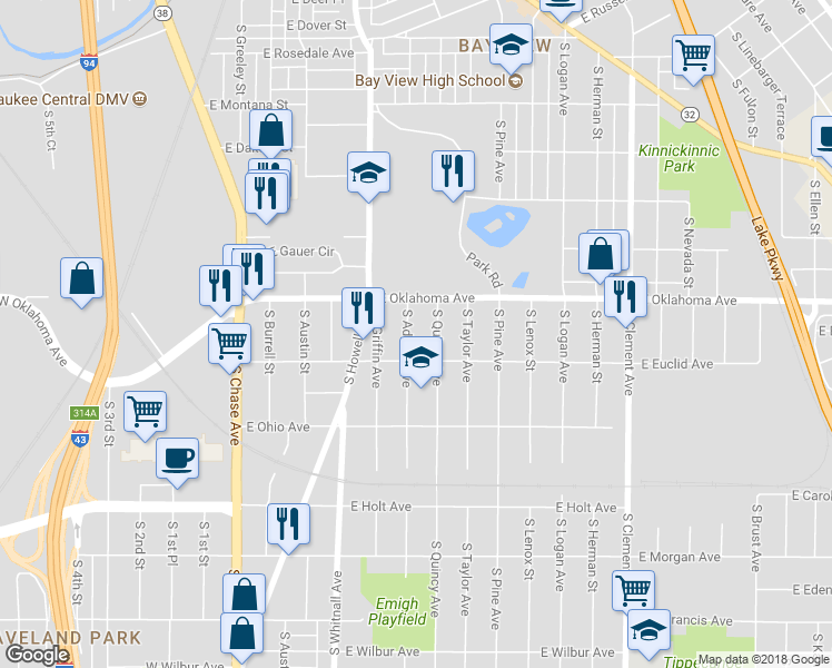 map of restaurants, bars, coffee shops, grocery stores, and more near 3140 South Adams Avenue in Milwaukee