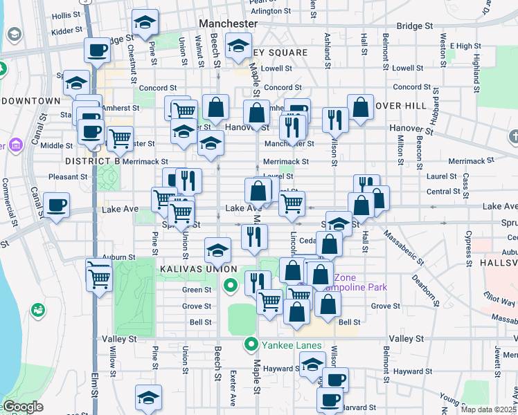map of restaurants, bars, coffee shops, grocery stores, and more near 311 Lake Ave in Manchester