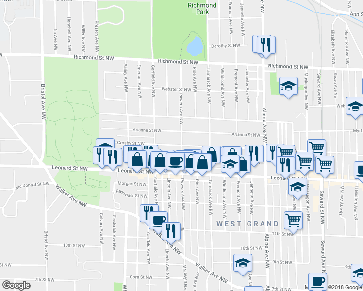 map of restaurants, bars, coffee shops, grocery stores, and more near Powers Ave NW & Crosby St NW in Grand Rapids