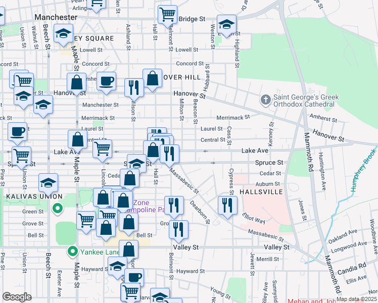 map of restaurants, bars, coffee shops, grocery stores, and more near 493 Lake Avenue in Manchester