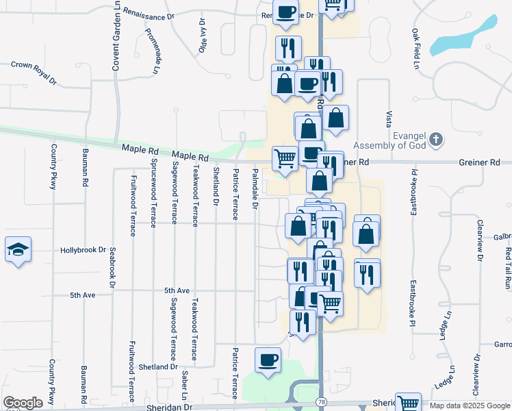 map of restaurants, bars, coffee shops, grocery stores, and more near 239-263 Palmdale Drive in Buffalo