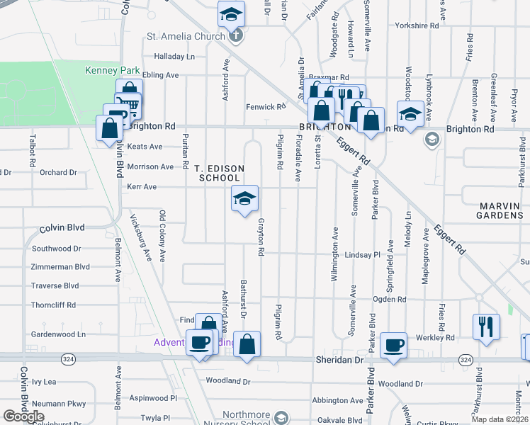 map of restaurants, bars, coffee shops, grocery stores, and more near 223 Grayton Road in Tonawanda