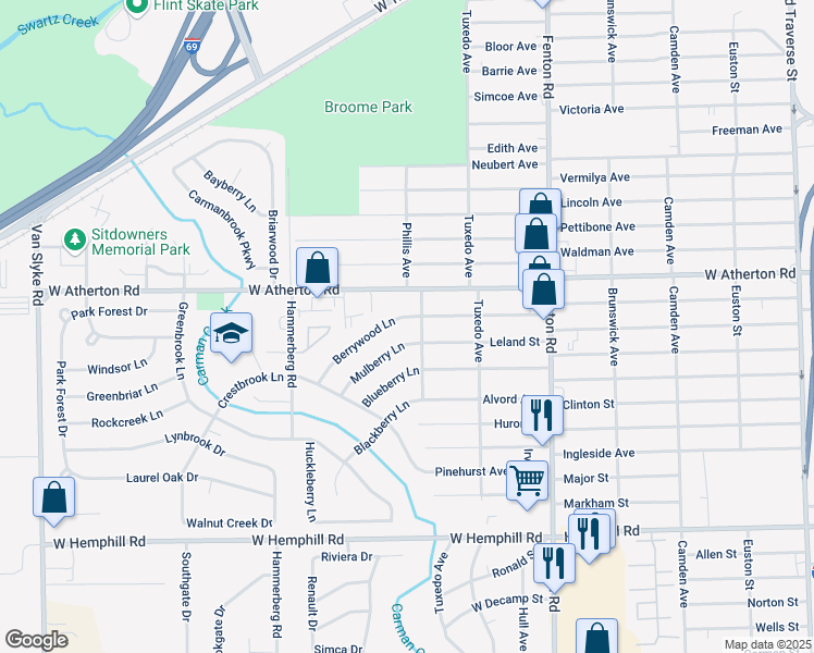 map of restaurants, bars, coffee shops, grocery stores, and more near 1406 Mulberry Lane in Flint