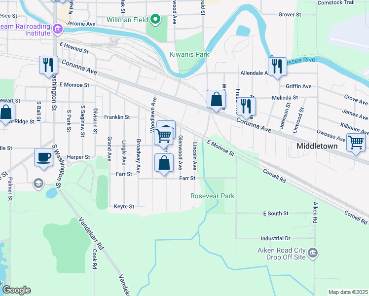 map of restaurants, bars, coffee shops, grocery stores, and more near 640 Lincoln Avenue in Owosso