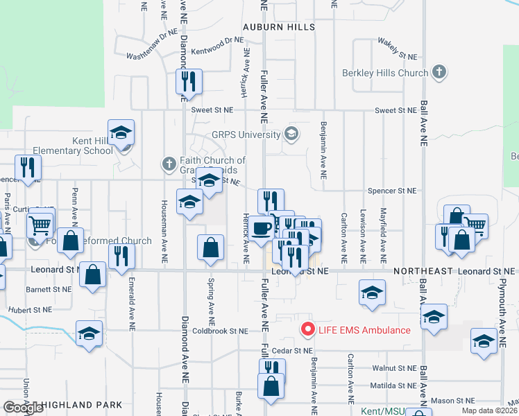 map of restaurants, bars, coffee shops, grocery stores, and more near 1308 Fuller Avenue Northeast in Grand Rapids