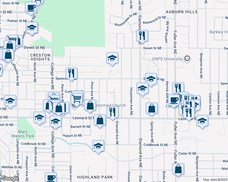 map of restaurants, bars, coffee shops, grocery stores, and more near 1336 Northfield Avenue Northeast in Grand Rapids